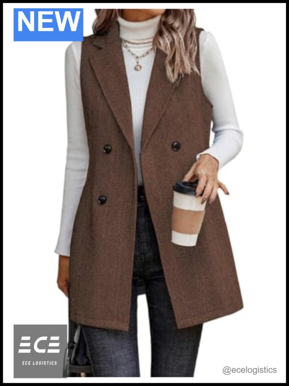 Womens Sleeveless Tweed Blazer Long Vest Herringbone Wool Blend Business Casual